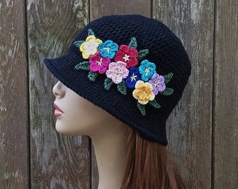 Black Cotton Cloche With Flowers,Black Sun Hat,Brimmed Cotton Hat, Flapper Hat, 20's Hat,Chemo Hat,Cotton Chemo Hat,Summer Chemo Hat, Spring