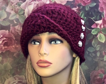 Winter Cloche with Buttons, 1920&#39;s Style Hat, Vintage Style Hat, Winter Chemo Hat, Soft Chemo Hat, Button Beanie, Women&#39;s Winter Hats,