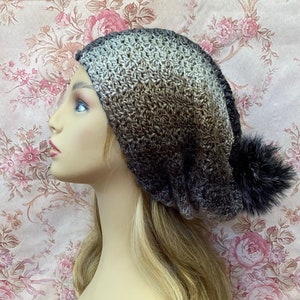 Brown & Black Slouchy Hat with Removable Pom Pom, Crochet Hat,Warm,Slouchy Beanie,Winter Hat,Chemo Hat,Winter Chemo Cap,READY TO SHIP