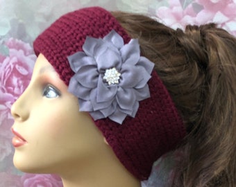 Burgundy Ear Warmer with Flower & Rhinestone Button,Winter Headband,Knit Headband,Womens Winter Headbands,Ear Warmer,Knit Band,READY TO SHIP