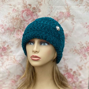 Velvet Cloche with Pearl Button, Teal Blue Vintage Style Hat,Soft Chemo Hat, 20&#39;s Style Hat,Blue Winter Hat,Warm Chemo Hat, READY TO SHIP