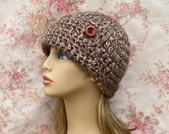 Chunky Cloche with Buttons, Cloche Hat, Brown Crochet Hat,Winter Beanie,Vintage Style,Winter Cloche,Chemo Hat,Winter Chemo Hat READY TO SHIP