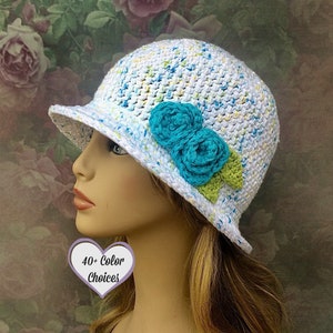 Womens Cotton Sun Hat With Flowers, Brimmed, Summer Chemo Hat, Spring Hat, Crochet, Knit, Women&#39;s Crochet Sun Hat, Chemo Hat, Cotton Cap