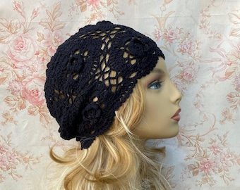 Lacy Black Cotton Slouchy, Black Slouch Beanie, Lacy Beanie, Soft Slouchy, Cotton, Light Weight Slouchy Hat, Boho Hat, READY TO SHIP
