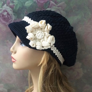 Newsboy with Flower, Brimmed Beanie, Winter Newsboy Hat, Cadet Hat, Warm Chemo Hat, Chemo Hat, Crochet Winter Newsboy, Flower Newsboy Cap image 1