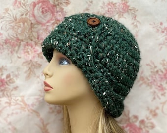 Green Cloche with Button, Cloche Hat, Green Crochet Hat,Winter Beanie,Vintage Style,Winter Cloche,Chemo Hat,Winter Chemo Hat READY TO SHIP