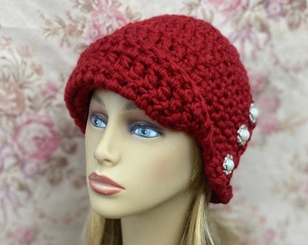 Red Cloche with Pearl Buttons ,Vintage Style Hat, Red Womens Winter Hat, Chemo Hat, Winter Chemo Cap, Crochet Beanie, READY TO SHIP