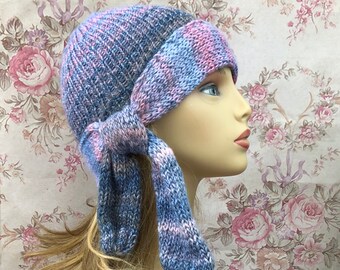 Chemo Hat Winter Chemo Cap Soft Winter Cloche with Side Tie Winter Beanie Pink READY TO SHIP Crochet Hat Winter Hat Blue Grey