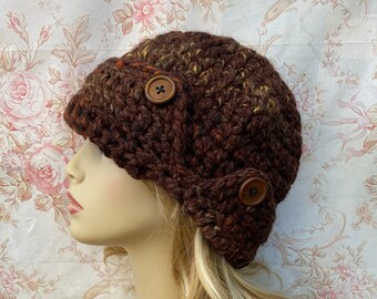 Wool Cloche with Buttons, Cloche Hat, Brown Crochet Hat, Winter Beanie, Wool Beanie, Winter Cloche, Chemo Hat,Winter Chemo Cap READY TO SHIP
