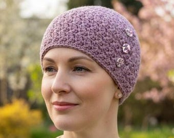 Gorro de quimioterapia de algodón a crochet con botones: Gorro de quimioterapia