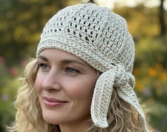 Cream Cotton Silk Beanie, Vintage Cloche with Tie