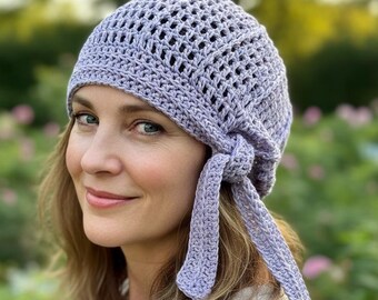 Gorro de algodón y lino color lavanda para quimioterapia: gorro ligero de verano con lazo lateral