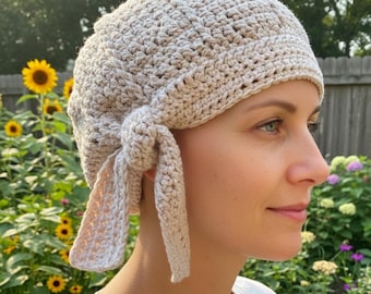 Hand Crocheted Cotton Beanie with Tie - Chemo Cloche Hat
