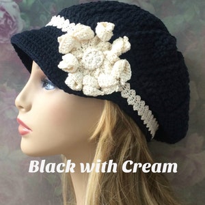 Newsboy with Flower, Brimmed Beanie, Winter Newsboy Hat, Cadet Hat, Warm Chemo Hat, Chemo Hat, Crochet Winter Newsboy, Flower Newsboy Cap image 2