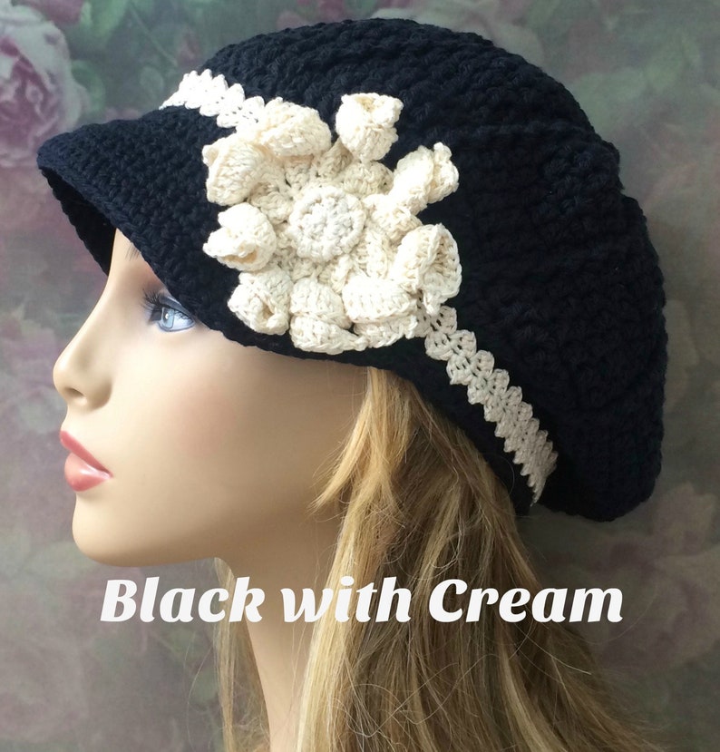 Newsboy with Flower, Brimmed Beanie, Winter Newsboy Hat, Cadet Hat, Warm Chemo Hat, Chemo Hat, Crochet Winter Newsboy, Flower Newsboy Cap image 2