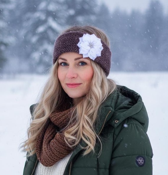 Grey Knit Ear Warmer Headband With Rhinestone Flower - Etsy