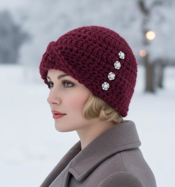 Crocheted Cloche Hat With Buttons: 1920s Vintage Style Chemo 