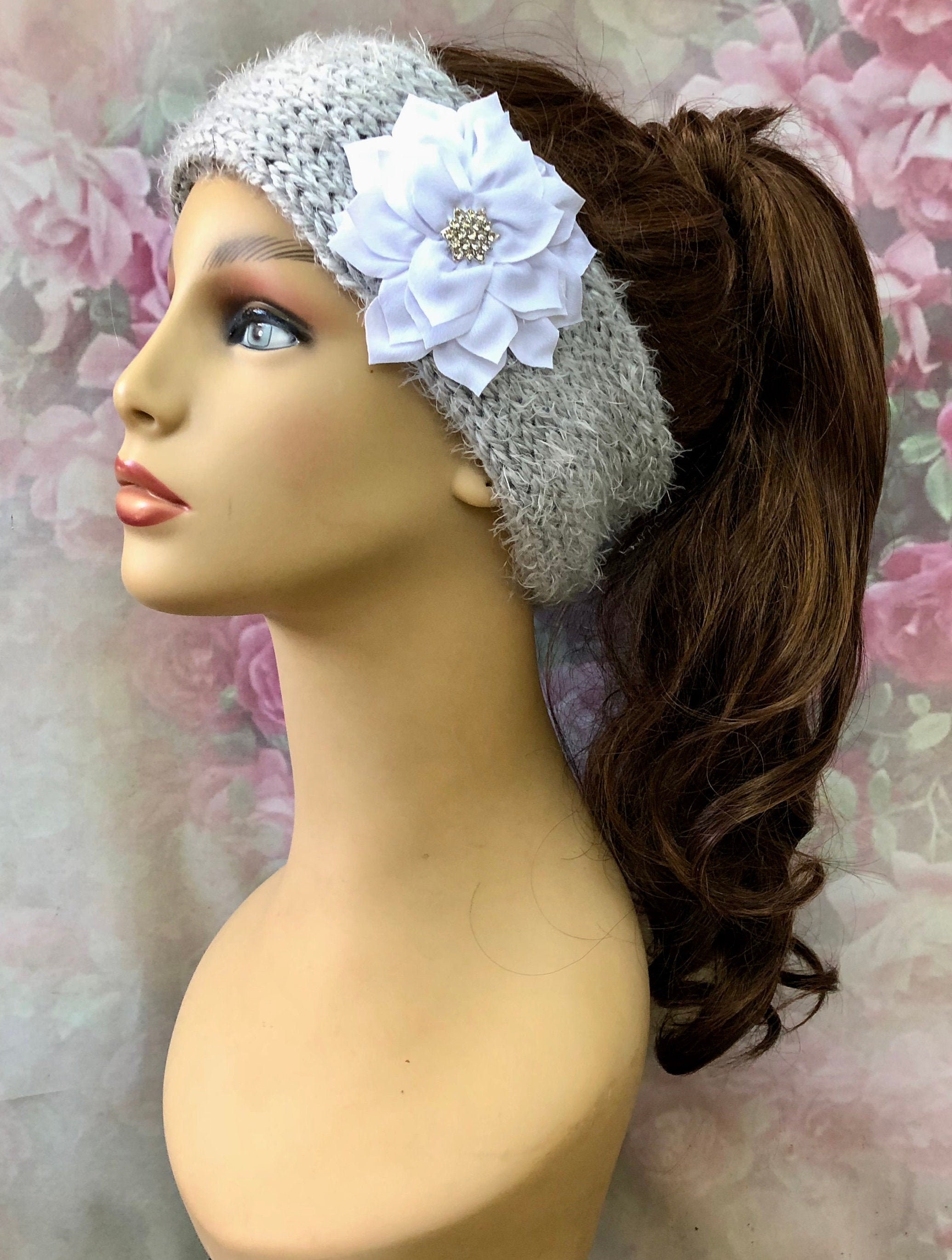 Tan & Grey Knitted Flower Winter Ear Warmer Headband
