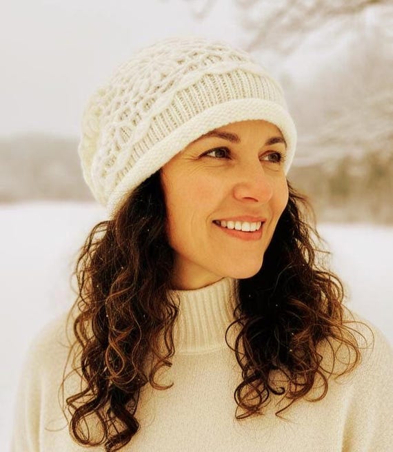 Cream Crochet Flower Slouchy Beanie: Knit Winter Chemo Hat  display picture 1