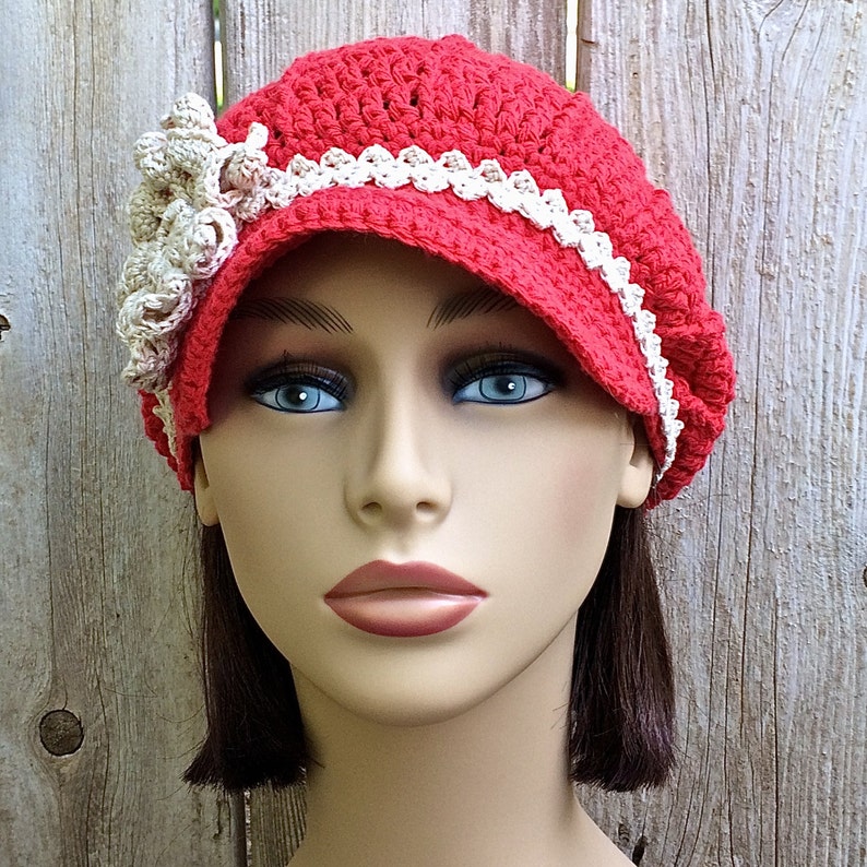 Newsboy with Flower, Brimmed Beanie, Winter Newsboy Hat, Cadet Hat, Warm Chemo Hat, Chemo Hat, Crochet Winter Newsboy, Flower Newsboy Cap image 4