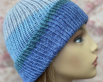 Blue Knit Beanie, Double Thick Women's Beanie, Knit Crochet Hat, Winter Beanie, Winter Hat,Chemo Hat,Winter Chemo Cap,READY TO SHIP