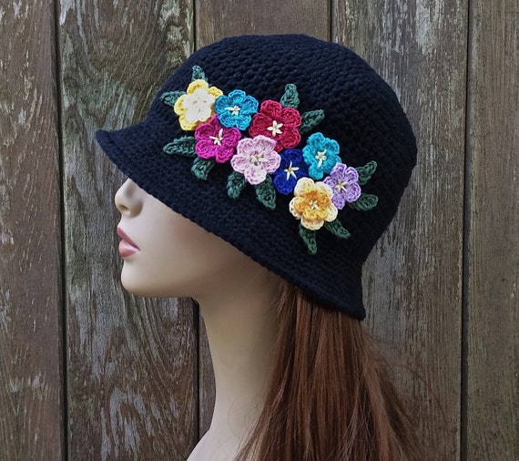 Crocheted Black Cotton Cloche Hat With Flowers: Chemo  display picture 1
