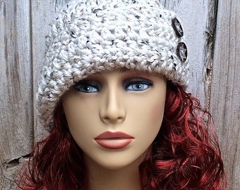 Chunky Cloche with Buttons, Womens Winter Hat, Thick Crochet Hat, Warm Chemo Hat, Button Cloche, Winter Chemo Cap, Thick Soft Beanie