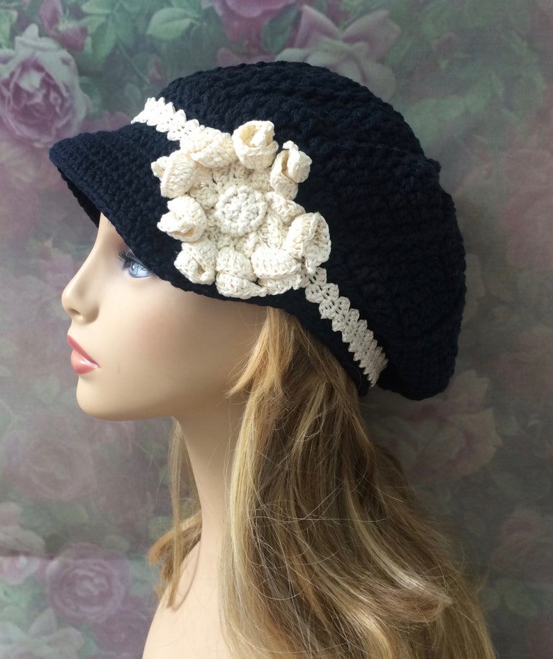 Newsboy with Flower, Brimmed Beanie, Winter Newsboy Hat, Cadet Hat, Warm Chemo Hat, Chemo Hat, Crochet Winter Newsboy, Flower Newsboy Cap image 1