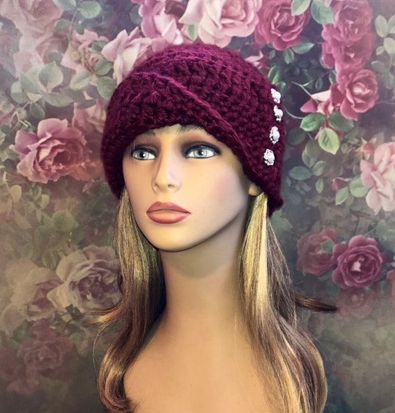 Chemo Hat Winter Chemo Cap Soft Winter Cloche with Side Tie Winter Beanie Pink READY TO SHIP Crochet Hat Winter Hat Blue Grey