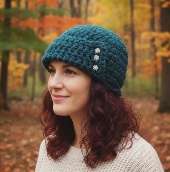 Teal Crochet Cloche Hat With Rhinestone Buttons - Etsy display picture 1