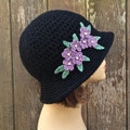 Black Cloche With Flowers,Lavender, Purple, Pearls, Flapper Hat, 20's Hat, Chemo Hat, Brimmed Winter Hat, 20's Winter Hat, Warm Flower Hat