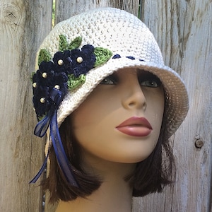 Women&#39;s Cloche Hat w/Flowers, Ivory, Beige, Navy Blue, Pearls, Cream, Chemo Hat, 20&#39;s Hat, Brimmed Hat, Women&#39;s Chemo Hats, Chemo Cloche