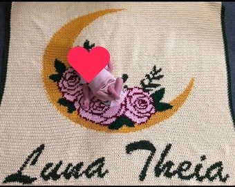 handmade crochet Blanket - moon & flowers