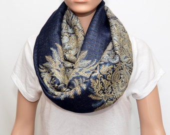Navy Blue Infinity Scarf with floral Golden Beige pattern