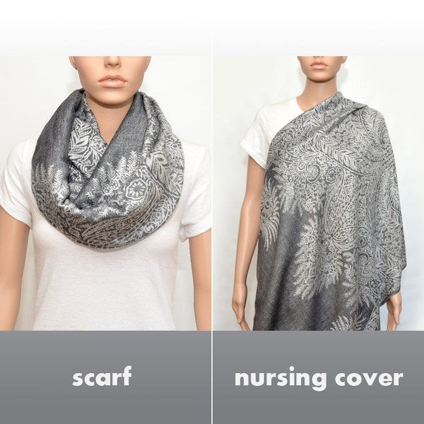 Nursing Cover Scarf , Gray Infinity Scarf with floral pattern , Nursing Scarf, breastfeeding cover, nursing cover, Baby Shower Gift