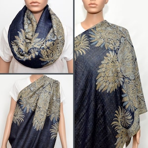 Nursing Cover Scarf, Breastfeeding Cover, Nursing Cover, Nursing Scarf, Navy Blue Infinity Scarf with floral Golden Beige pattern
