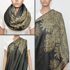 Dark Gray Infinity Scarf with floral Golden Beige pattern / Nursing Cover Scarf / Breastfeeding Cover