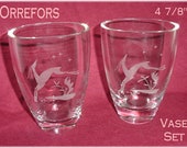 Orrefors Sweden Crystal Vase - Etched Deer Vase Set of 2 Vases - Scandinavian Art Glass - Modernist Mid Century Modern Retro FREE SHIPPING