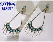Sleeping Beauty Turquoise Sterling Silver Dangle 2 quot Earrings - Zuni Needlepoint Native American Indian Blue - Arizona Estate - FREE SHIPPING