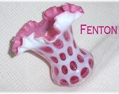 Fenton Cranberry Opalescent Coin Dot Ruffled Crimped Top Vase - Pink Red Art Cased Glass - Collectible Candle Holder, Basket FREE SHIPPING