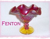 Fenton Ruby Red Amberina Stretch Art Glass Candy Dish - Daisy Floral Design Compote Nut Bowl - Red Yellow - Estate Antique - FREE SHIPPING