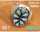 Kingman Turquoise Sterling Silver Petit Point Ring - Size 7 - Native American Zuni Indian - New Old Stock NOS - Gift Box - FREE SHIPPING