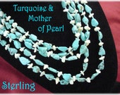 Blue Turquoise Mother of Pearl Sterling Silver Necklace - 5 Strand 19 quot Knotted Silk Cord - Native American Indian Arizona FREE SHIPPING