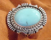 Sleeping Beauty Turquoise Sterling Silver Large Ring - Signed ES - Navajo Indian Native American Jewelry Arizona Estate Blue - FREE SHIPPING