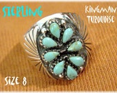 Kingman Turquoise Sterling Silver Needlepoint Ring - Size 8 - Native American Zuni Indian - New Old Stock NOS - Gift Box - FREE SHIPPING