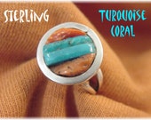 Zuni Corn Row Sleeping Beauty Turquoise Coral Sterling Silver Ring - Size 5 - 1940s Old Pawn Native American Indian Arizona - FREE SHIPPING