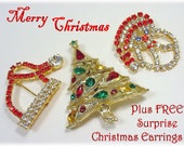 Christmas Rhinestone Tree Brooch Pin Earrings Lot Set - Santa Claus Santas Hat - Costume Jewelry 3 FREE Surprise Gifts FREE SHIPPING