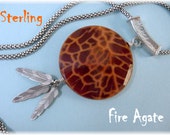 Fire Agate Sterling Silver Pendant Necklace - Feathers Popcorn Chain Artisan - Crystal New Age Orange - Perfect Gift FREE SHIPPING