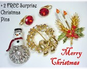 Christmas Rhinestone Enamel Brooch Pin Earrings Lot Set - Snowman Candle Wreath - Costume Jewelry 3 FREE Surprise Gifts FREE SHIPPING