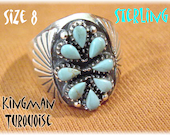 Kingman Turquoise Sterling Silver Zuni Petit Point Ring - Size 8 - Native American Indian Blue Needlepoint - New Old Stock NOS FREE SHIPPING